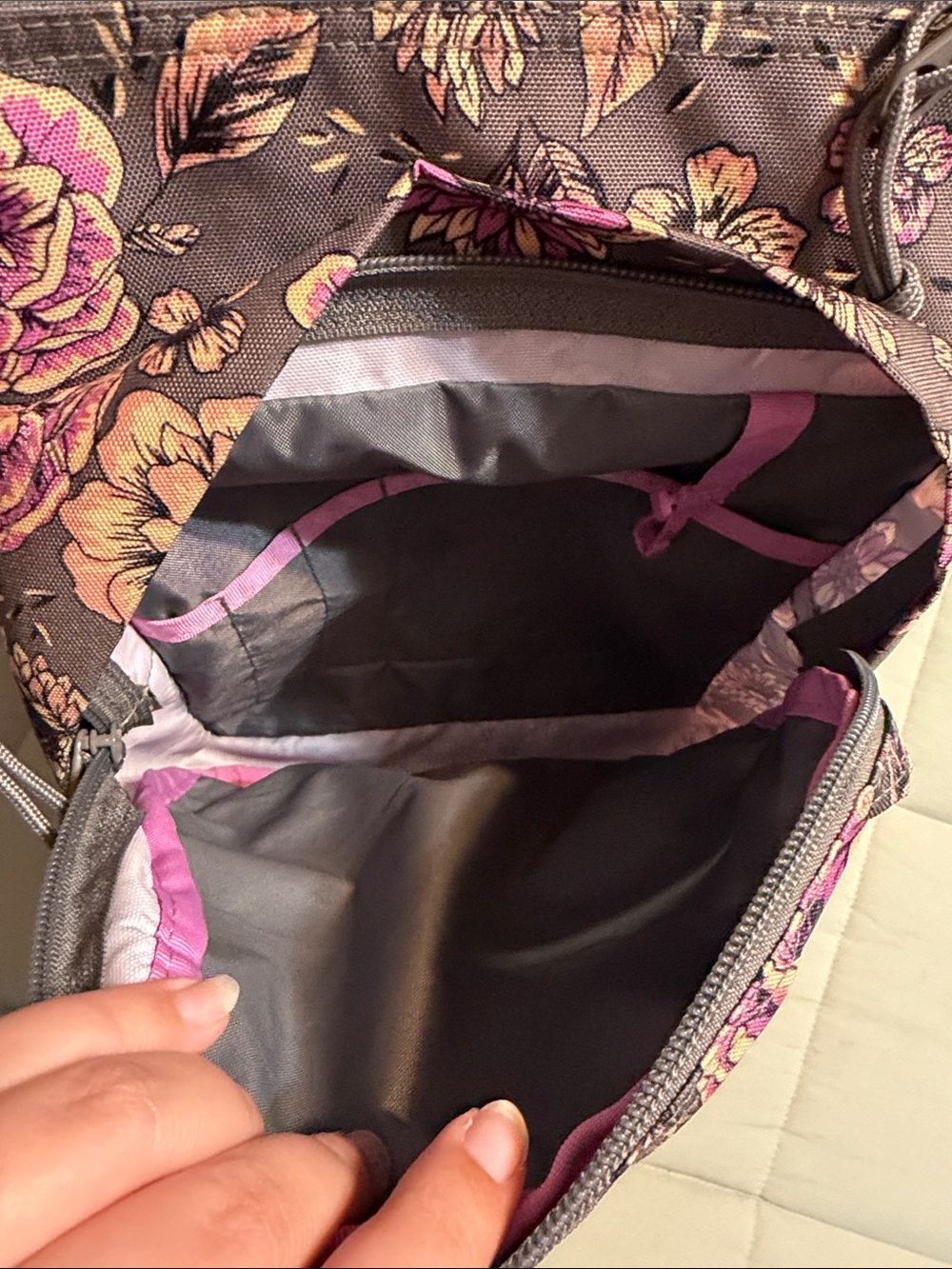 Jansport Gray Floral Backpack with Pink Accents and Brown Leather Base - Picture 4 of 9